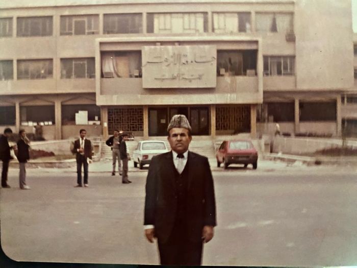 Dr. Zahoor Ahmad Azhar standing outside the Al-Azhar University building in Cairo, Egypt