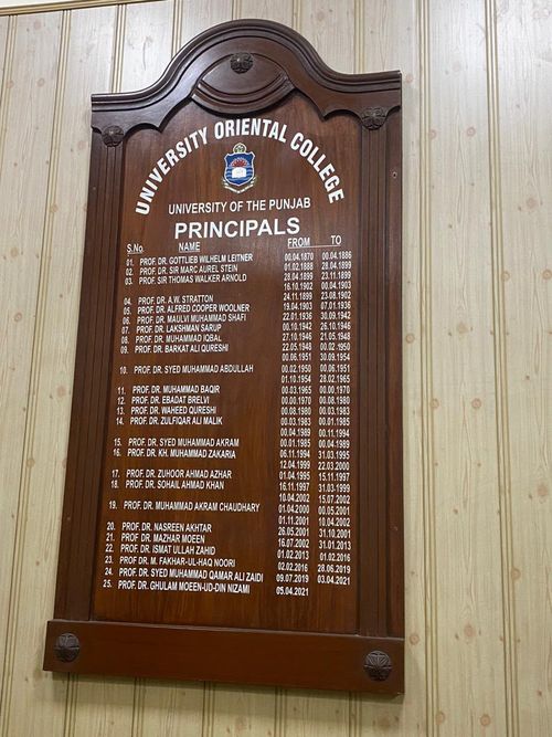 Oriental College, University of the Punjab roll of Principals, listing Prof. Dr. Zuhoor Ahmad Azhar (1995-1997)